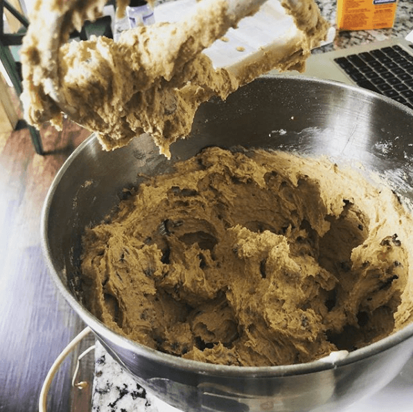 Mixing up chocolate chip cookie dough
