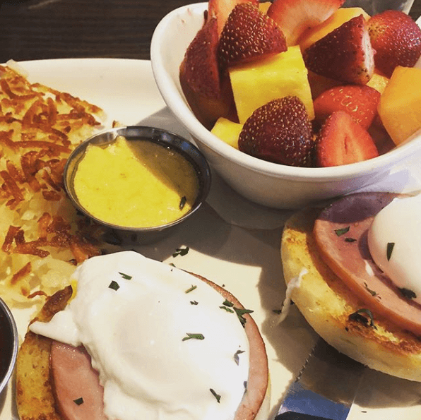 Eggs Benedict with a side of Fruit and Hashbrowns at Five West Rochester, MN